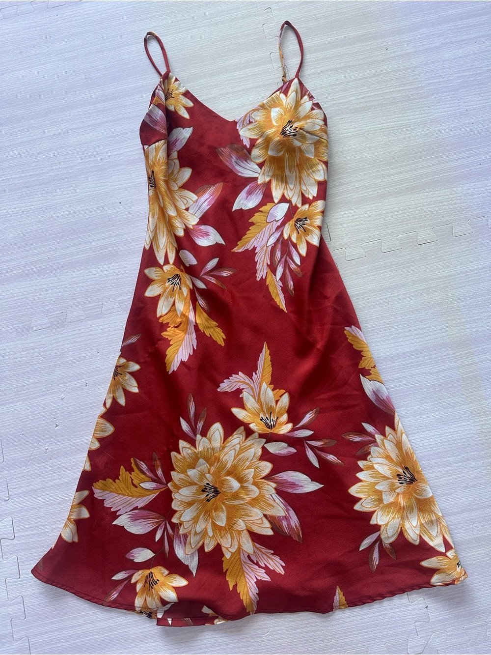 Burnt Red Floral Slip Midi Dress with Golden Yellow Blooms